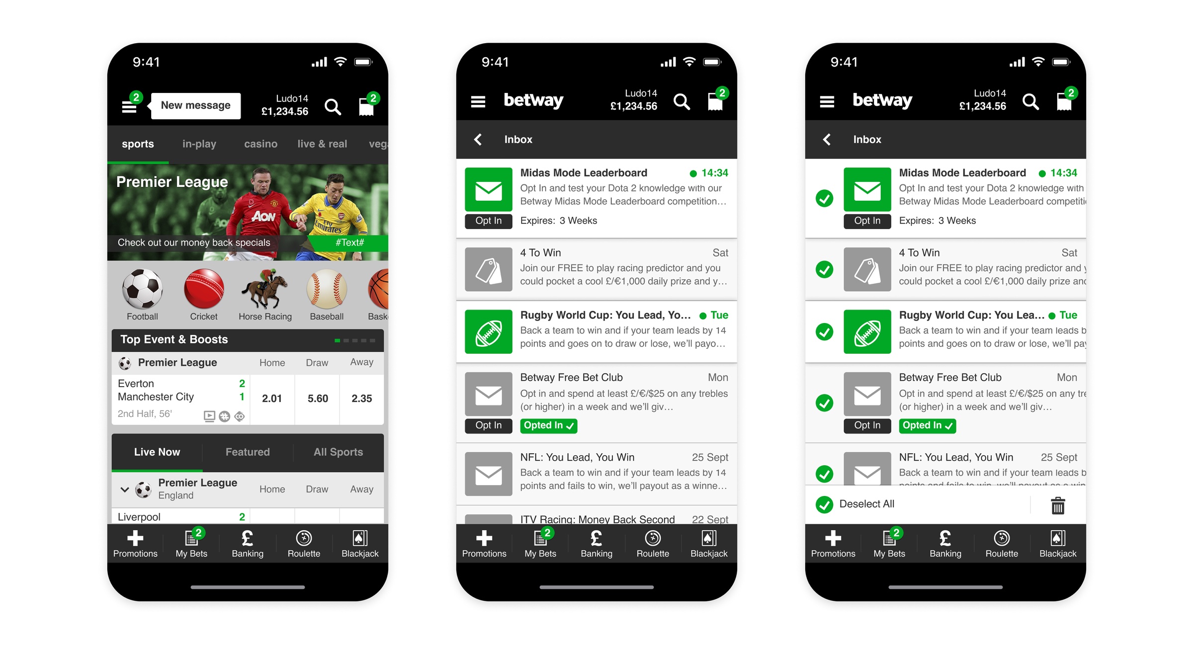 Betway event detail screen with markets expanded