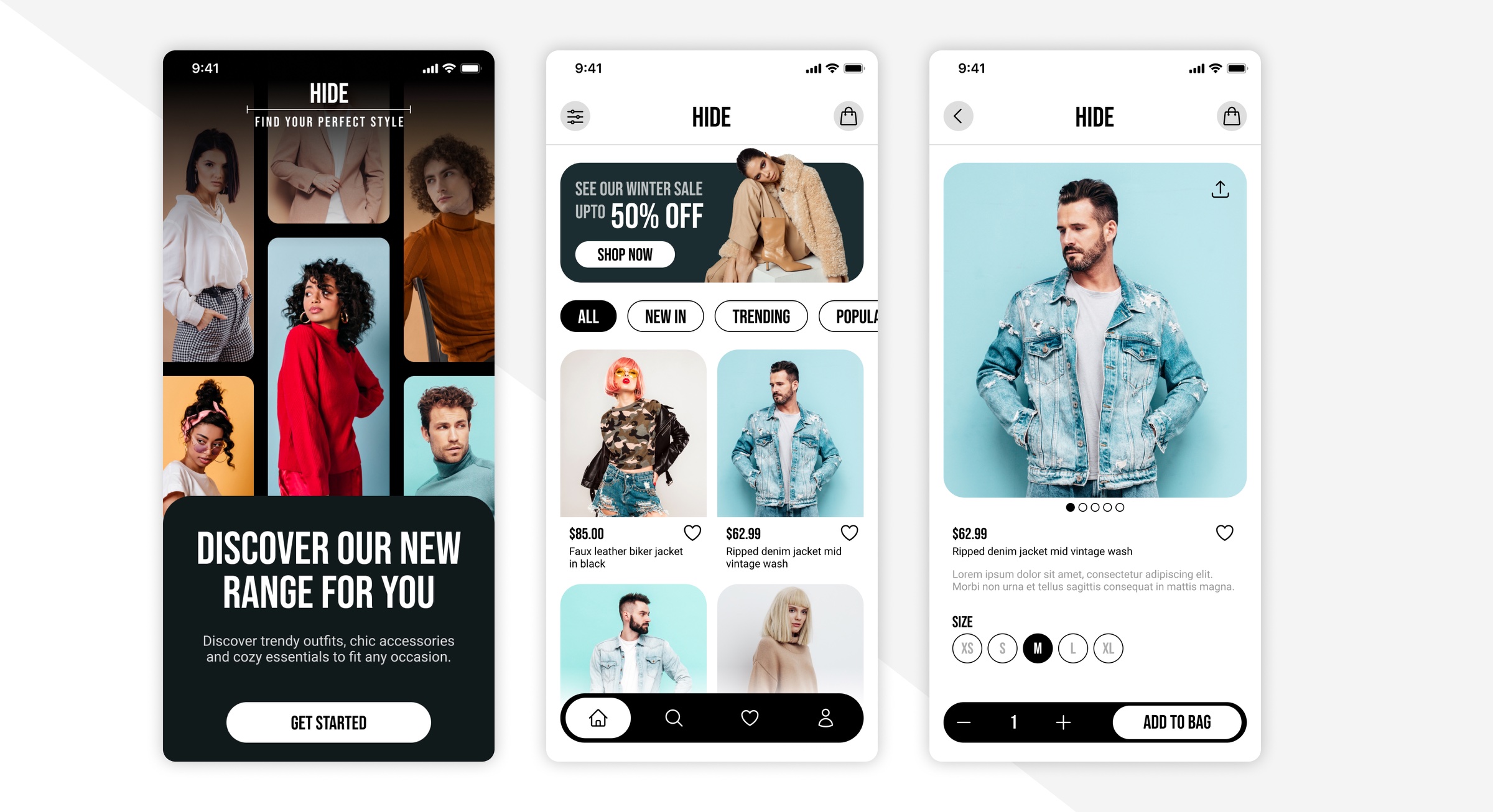 Hide Clothing discovery and collection browsing screen